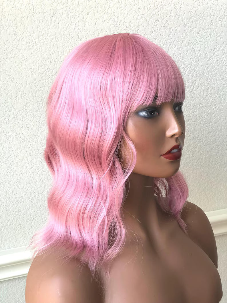 Dusty Rose Pink Wavy Bob Wig with Bangs-Rosette