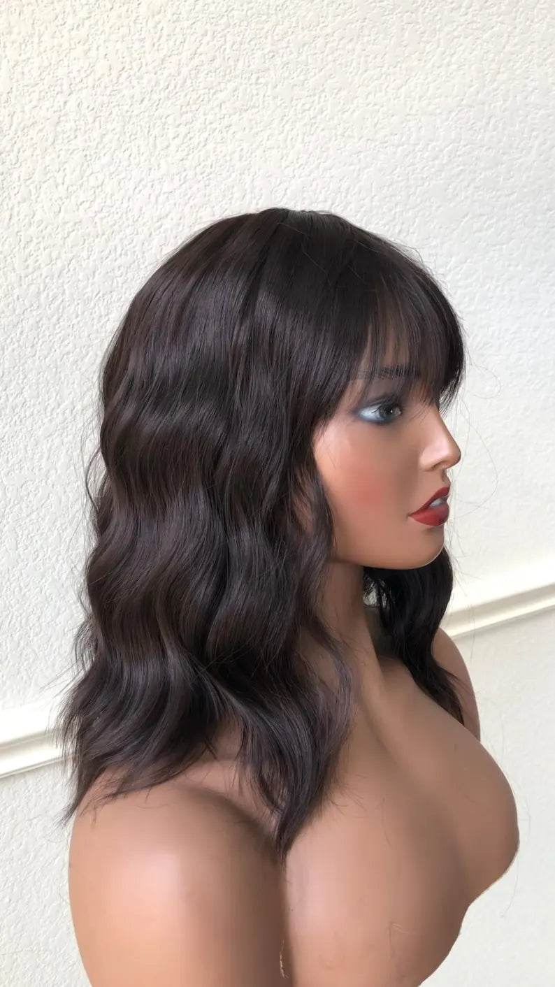Medium Brown Wavy Bob Wig with Bangs-Hazel