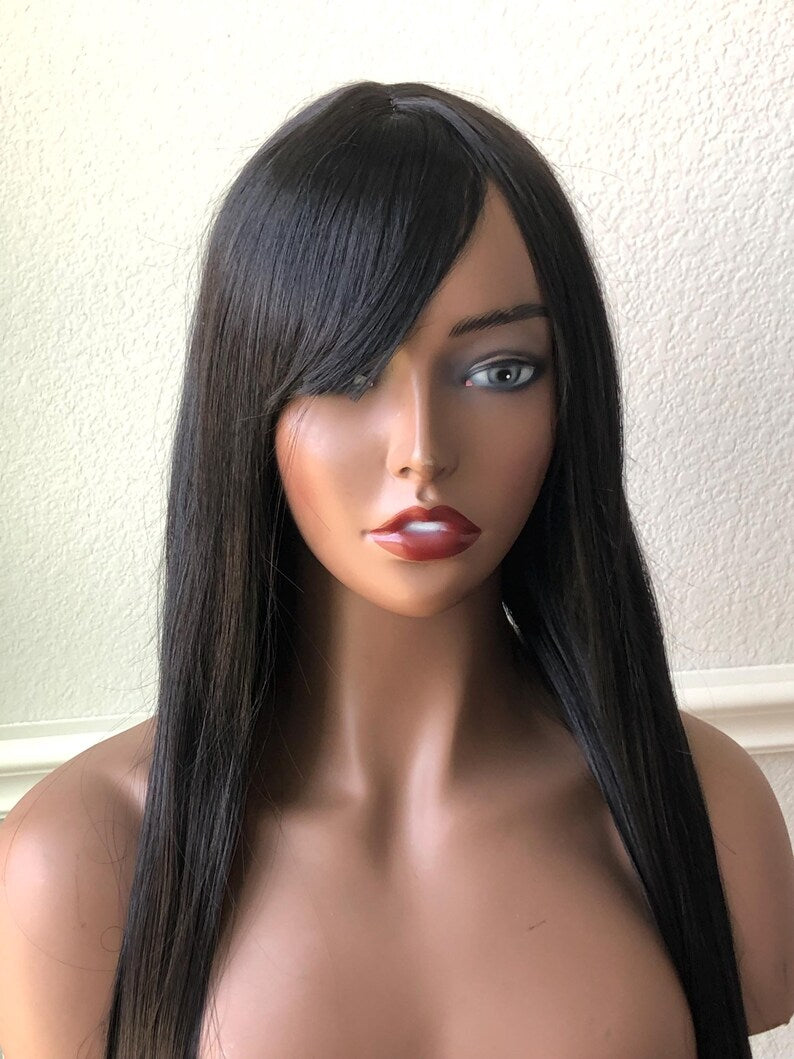 Long Black Wig with Bangs – 24 Inch-Raven