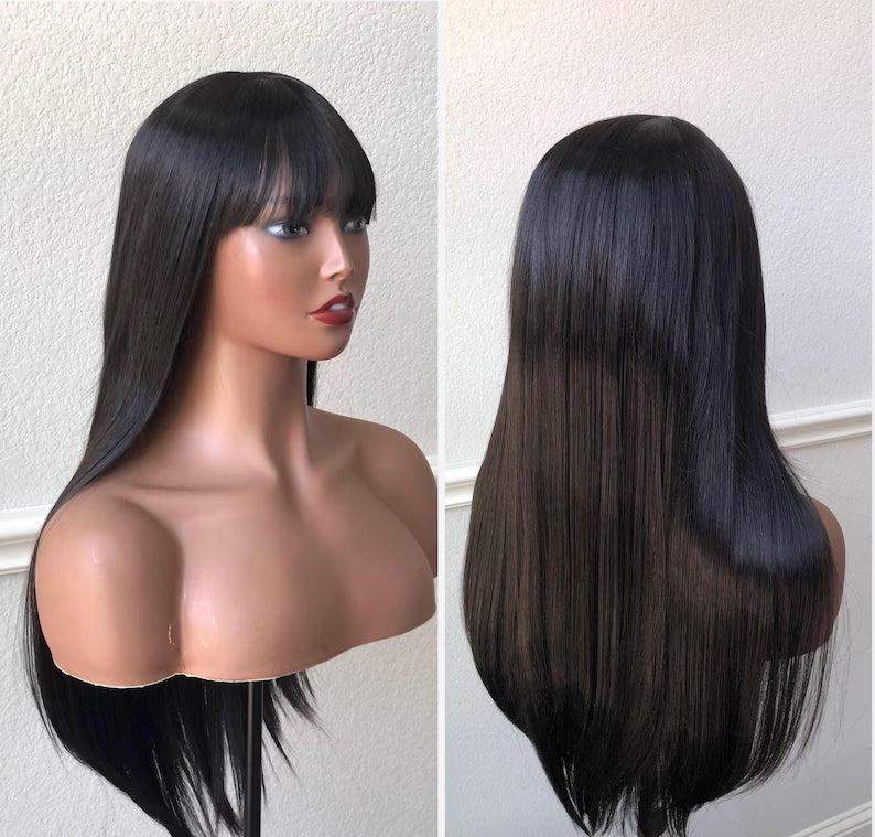 Long Black Wig with Bangs – 24 Inch-Raven